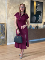 Kadın Kısa Kollu Yakadan Ve Etekten Fermuarlı Midi Viskon Iki Iplik Elbise - Görsel 3