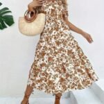 Kadın Kısa Kollu Kare Yakalı Lastikli Desenli Süprem Elbise