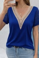 Kadın Kısa Kollu V Yakalı Dantel Detaylı Viskon Bluz - Görsel 4