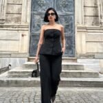 Siyah Straplez Düğmeli Crop Ve Pantolon Takım