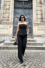 Siyah Straplez Düğmeli Crop Ve Pantolon Takım