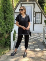 Kadın Kısa Kollu V Yakalı Iki Iplik Bluz Ve Pantolon Ikili Takım - Görsel 2