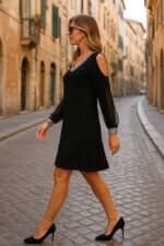 Kadın Uzun Kollu V Yaka Kollar Tül Yırtmaç Detay Kol Manşetleri Ve Yaka Payet Krep Elbise - Görsel 4