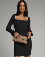 Kadın Uzun Kollu Kare Yaka Kol Ucu Ispanyol Triko Elbise - Görsel 2