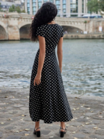 Kadın Kısa Kollu Bisiklet Yaka Puantiyeli Maksi örme Krep Elbise - Görsel 6