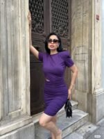 Kadın Bel Dekolteli Yanı Büzgü Detay Dalgıç Krep Kumaş Mini Elbise - Görsel 3