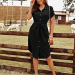 Kadın Kısa Kollu Yakalı önden Düğmeli Beli Kuşaklı Bürümcük Elbise