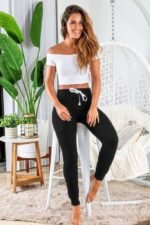 Kadın Kısa Kollu Madonna Yaka Viskon Crop Bluz Cepli Iki Iplik Eşofman Takım - Görsel 2