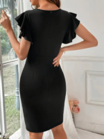 Kadın Kısa Kollu V Yakalı Kolları Volanlı Yandan Yırtmaçlı Kısa Janjan Krep Elbise - Görsel 3