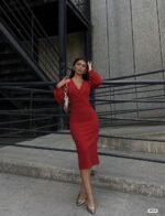 Kadın Kruvaze Yaka Balon Kol Simli Krep Kumaş Midi Boy Elbise - Görsel 3