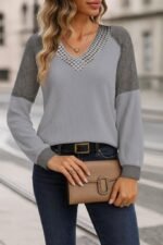 Kadın Uzun Kollu V Yakalı Dantelli Waffle Bluz