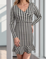 Kadın Uzun Kollu Kruvaze Yaka Kazayağı Mikro Mini Boy Elbise - Görsel 6