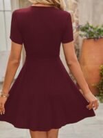 Kadın Kısa Kollu Kruvaze Yaka A Kesim Kalın Fitilli Kaşkorse Elbise - Görsel 5