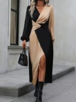 Kadın Uzun Kollu Kruvaze Yakalı Belden çapraz Detaylı çift Renkli Midi Ithal Krep Elbise - Görsel 3