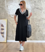 Kadın Kısa Kollu V Yaka Kol Ve Yaka Ribana Detay Midi Boy Viskon Elbise - Görsel 5