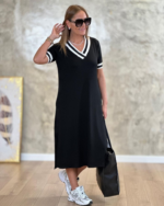 Kadın Kısa Kollu V Yaka Kol Ve Yaka Ribana Detay Midi Boy Viskon Elbise - Görsel 7