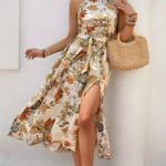 Kadın Omuzlardan Açık Halter Yakalı Yırtmaçlı çiçek Desenli Süprem Elbise