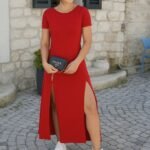 Kadın Kısa Kollu Sırt Dekolteli Yırtmaç Detaylı Viskon Elbise