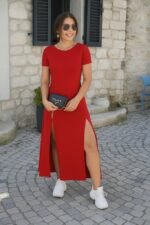 Kadın Kısa Kollu Sırt Dekolteli Yırtmaç Detaylı Viskon Elbise