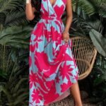 Kadın Askılı Kruvaze Yakalı çiçek Desenli Uzun Süprem Elbise