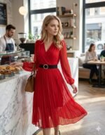 Kadın şifon Kumaş Astalı Kloş Kesim Kruvaze Yaka Midi Boy Elbise