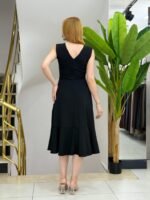 Kadın Sıfır Kollu Belden Büzgülü Eteği Volanlı Asimetrik Kesim Midi Janjan Krep Elbise - Görsel 3