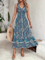 Kadın Beli Gipeli Etnik Desen Sıfır Kol Süprem Elbise - Görsel 3