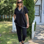 Kadın Kısa Kollu V Yakalı Iki Iplik Bluz Ve Pantolon Ikili Takım