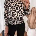 Kadın Uzun Kollu Bisiklet Yaka Leopar Desenli Modal Bluz