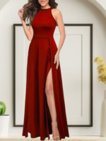 Kadınhalter Yaka Derin Yırtmaç Detaylı Tam Boy Ithal Krep Abiye Elbise - Görsel 3