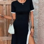 Kadın Kısa Kollu Bisiklet Yaka Yandan Yırtmaçlı Renkli şerit Detay Janjan Krep Elbise