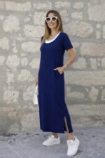 Kadın Kısa Kollu Içi Atlet Görünümlü Yandan Yırtmaçlı Uzun Viskon Elbise - Görsel 3