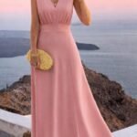 Kadın Askılı V Yakalı Bel Korsaj Detaylı Uzun Ithal Krep Elbise