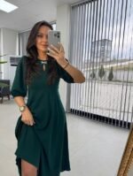 Kadın Kısa Kollu Bisiklet Yaka Fiyonk Broşlu Midi Janjan Krep Elbise - Görsel 5