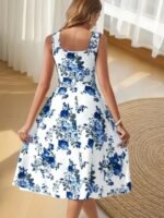 Kadın Askılı Kare Yakalı çiçek Desenli Midi Dalgıç Elbise - Görsel 4