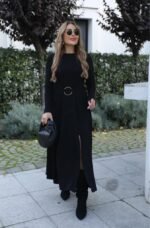 Kadın Uzun Kollu Bisiklet Yaka önden Halka Detaylı Yırtmaçlı Uzun Viskon Iki Iplik Elbise