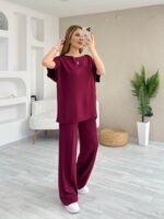 Kadın Kısa Kollu Kayık Yakalı Dikiş Izi Detaylı Viskon Iki Iplik Bluz Ve Pantolon Ikili Takım - Görsel 2