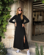 Kadın Uzun Kollu Balıkçı Yaka Derin Yırtmaç Detay Krep Elbise - Görsel 7