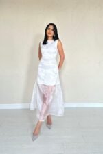 Beyaz Organze Detaylı Atlas Elbise - Görsel 2