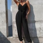 Kadın Ip Askılı Kruvaze Yakalı Belden Kuşaklı Uzun Sandy Tulum