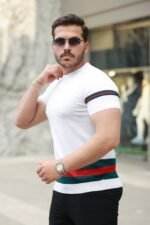 Erkek Bisiklet Yaka Bel Ve Kol şerit Desenli Kısa Kollu Tişört - Görsel 2