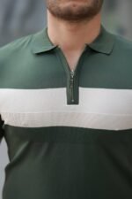 Erkek Fermuar Yakalı şerit Renk Desenli Kısa Kollu Tişört - Görsel 3