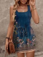 Kadın Askılı Yuvarlak Yakalı Beli Kusaklı çiçek Desenli Kısa Süprem Elbise - Görsel 4