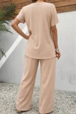 Kadın Kısa Kollu Bisiklet Yaka Asimetrik Kesim Detaylı Bürümcük Bluz Ve Pantolon Ikili Takım - Görsel 3