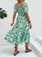 Kadın Kısa Kollu Kare Yakalı Lastikli Desenli Süprem Elbise - Görsel 5