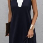 Kadın Askılı V Yakalı çift Renkli Kısa Viskon Iki Iplik Elbise