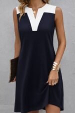 Kadın Askılı V Yakalı çift Renkli Kısa Viskon Iki Iplik Elbise