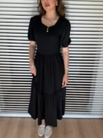 Kadın Kısa Kollu Yakası Açık Katlı Bürümcük Balon Elbise - Görsel 3