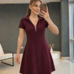 Kadın Kısa Kollu Yakası Fermuarlı Kısa Viskon Iki Iplik Elbise