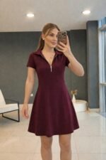 Kadın Kısa Kollu Yakası Fermuarlı Kısa Viskon Iki Iplik Elbise